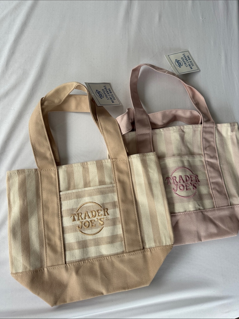 Trader Joe's mini beige and  Pink Stripe  Tote